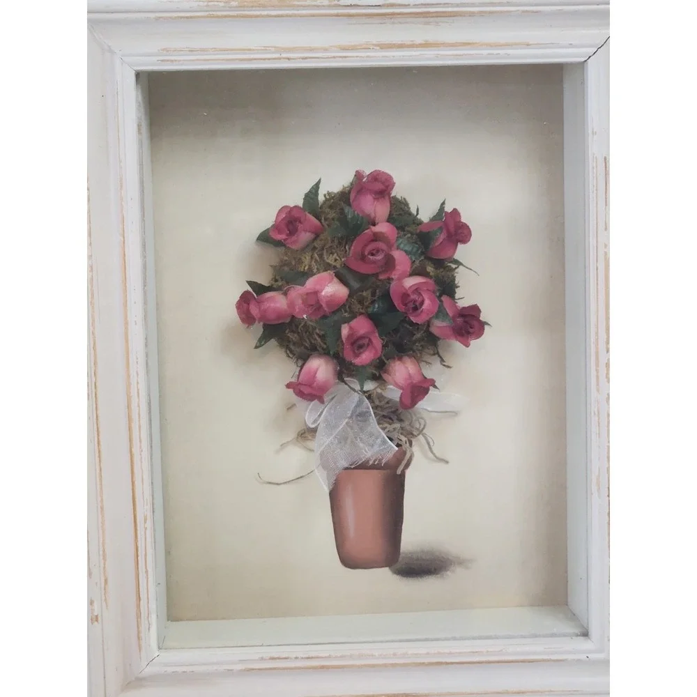 Vintage 1990s Constance Lael Topiary Rose Shadow Box Frame Wall Art Pair Set 2